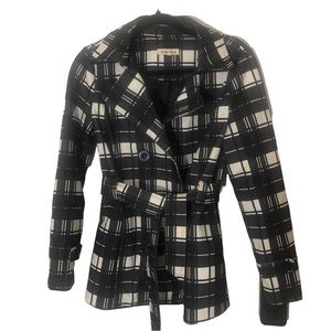 Womens M Coat Jacket Black & White Plaid Lined Button/Tie Coat